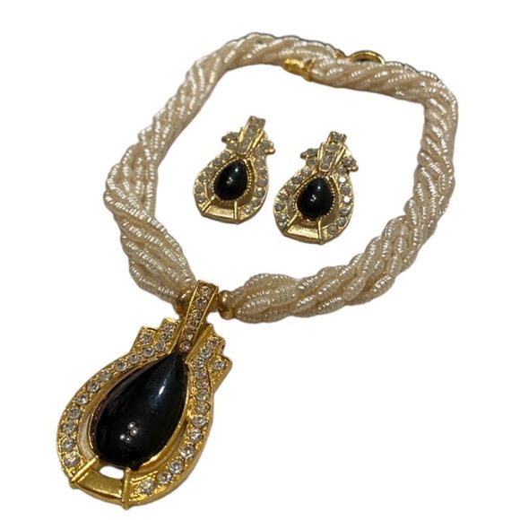 Vintage Multi Strand Pearl Choker Necklace And Earrings - Picture 1 of 12